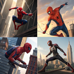 Comic panels featuring Spider-Man characters in dynamic poses. Various costumes and unique body parts highlighted