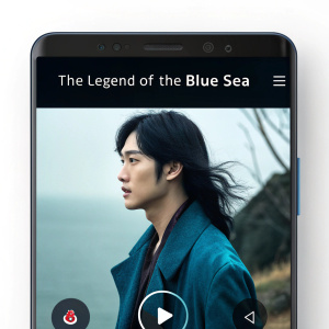 Screenshot of Rakuten Viki app featuring 'The Legend of the Blue Sea'. Modern UI with clean, dark background. Play button, synopsis, cast, and broadcast info displayed.