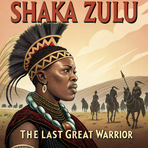 Poster for 'Shaka Zulu: The Last Great Warrior'. A fierce African woman and a traditional leader in elaborate headdresses. Desert scene with warriors and horses. Title 'Shaka Zulu' in bold letters, subtitle 'The Last Great Warrior'