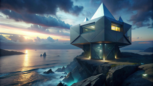 
THE HOUSE IS IN THE FORM OF A COMPLEX GEOMETRIC FIGURE in THE style of high-tech and minimalism WITHOUT SHARP CORNERS, TOWERING OVER A CLIFF ON THE OCEAN COAST