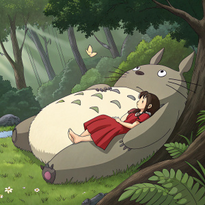 Digital illustration. Anime style. Scene from Studio Ghibli's 'My Neighbor Totoro'. A young girl in a red dress, lying on a large, soft, and fluffy Totoro. Forest background with lush greenery.