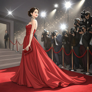 Chinatsu Wakatsuki, Japanese actress, in an elegant evening gown. Attending a glamorous awards ceremony. Red carpet event with flashing cameras.