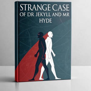 Book cover design for 'Strange Case of Dr Jekyll and Mr Hyde'. Modern and sleek look with abstract human figures in contrasting colors.