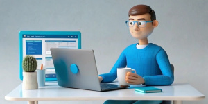 Un blogger está sentado en su escritorio, trabajando en su computadora portátil con una taza de café al lado. En la pantalla se muestra un editor de texto con un artículo en proceso, enfocado en estrategias de monetización. El entorno es cálido y acogedor, con decoraciones de oficina y una pizarra de notas en la pared.