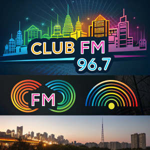 Multicolored radio station logos for Club FM 96.7 FM. Vibrant designs against various backgrounds.