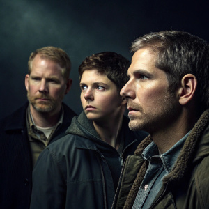 Promotional photo of Noah Emmerich, Michael Cera, and Jim Caviezel in 'Frequency'. Dark and moody setting, focused on actors' intense expressions.