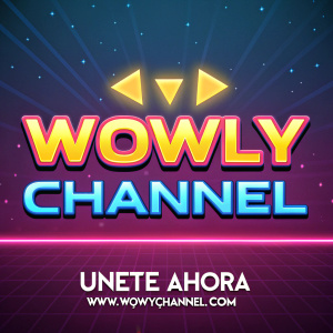 Digital graphic design for Wowly Channel. Bright neon colors background, pixel art logo, catchy call to action in Spanish, URL at bottom