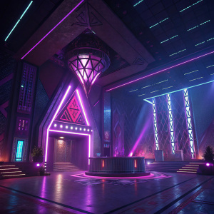 Concept art showcasing the lobby of Club Silo from Splitgate. The scene features a blend of geometric shapes and vibrant colors, including royal purple and pink, under a neon glow. The focal point is a dramatic, abstract structure with sharp edges. The lighting creates a majestic atmosphere with dynamic beams casting shadows.