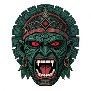 Digital portrait of a stylized Aztec warrior face. Dark green skin adorned with intricate geometric patterns. Intense red eyes. Mouth agape revealing sharp teeth and a long tongue. Artistic design inspired by traditional Aztec aesthetics.