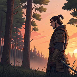 Samurai Jack, standing in a serene forest at sunset. Calm demeanor, focused gaze. Wears traditional samurai armor.
