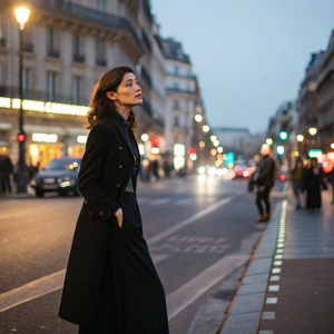 Astrid Berges-Frisbey, elegant in black, standing alone on the bustling streets of Paris. Bright lights and passing pedestrians in the background.