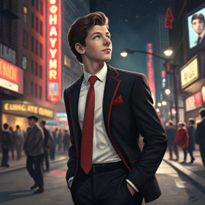 Tye Sheridan, young actor, dressed in black suit with a crisp white shirt and red tie. Posing confidently on a bustling city street at night, amidst neon lights and passerby.