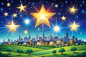 A cartoonic style The stars shining brightly high above a cityscape or countryside, emphasizing its height above the world.