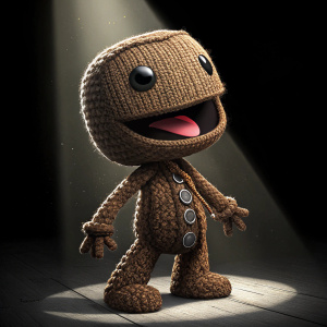 Sackboy, a charming, brown character from the video game LittleBigPlanet. Standing with a wide-eyed grin and a tongue sticking out, on a black background with a spotlight effect.