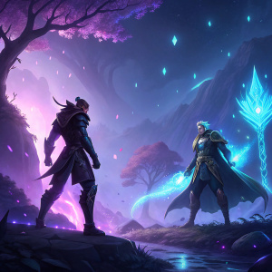 Concept art featuring League of Legends characters in a mystical, ethereal environment. Vibrant hues of purple and blue dominate the background, highlighting the characters' dramatic poses.
