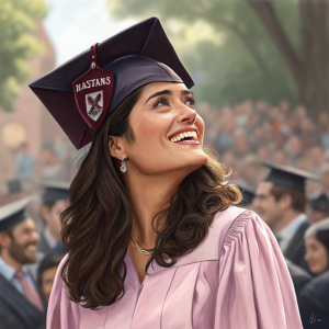 Salma Hayek at Harvard graduation, smiling with Harvard cap on, in a pastel blouse. Crowd blurred in background, focusing on her upper body.