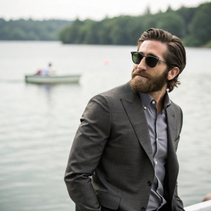 Jake Gyllenhaal, bearded actor in a gray suit, shirt, and sunglasses. Posing for a candid shot. The blurred background shows a serene lake with a small boat in the distance.