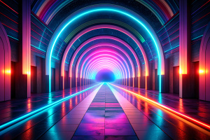 Abstract tunnel with colorful stripes in motion. Glowing neon colored lines in cyberspace.