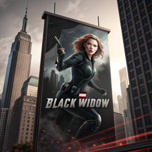 Scarlett Johansson in action pose on a sleek promotional banner. Stark skyscrapers and dark urban cityscape background. Movie title 'Black Widow' prominently displayed with release date.