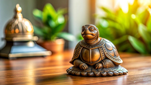 Please display for me the desktop metal turtle figurine that is located on my home table. 