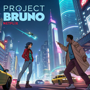 Anime-style illustration for Project Bruno Netflix poster. Characters interacting in a futuristic cityscape.