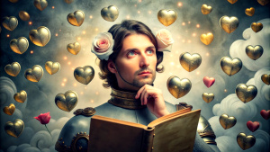 The picture shows a person engrossed in an old book, surrounded by historical elements like a knight's armor and a Victorian dress. Above their head, thought bubbles filled with emotions represent the character's feelings from the novel, symbolizing mind-reading through literature.