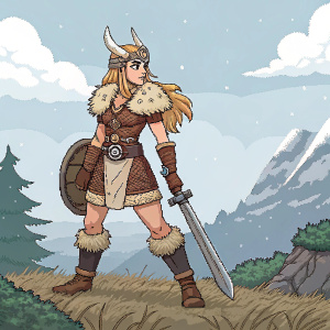 Digital artwork of Ingrid, pixel art style from Chrono Trigger era, barbarian outfit, fantasy setting