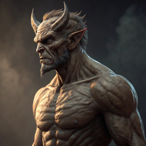 A digital 3D rendering of a muscular demon with a rugged, sculpted look. The creature's skin has a rough, textured appearance with prominent facial features including pointed ears and menacing horns. Set against a dark, shadowy background, the focus is on the detailed muscles and intense facial expressions. Dramatic lighting highlights the form and intricate details of the creature.