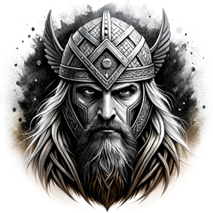 walhalla, viking warrior,  runics face, black work, white backrounds