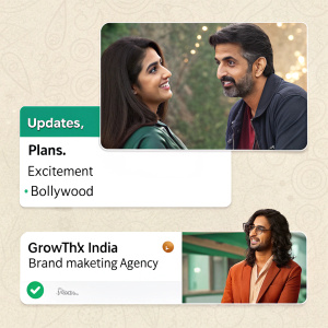 WhatsApp group chat screenshot. GrowthX India Brand Marketing Agency. Bollywood movie promotion. Hindi text.