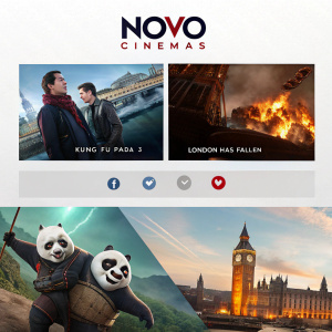 Homepage of Novo Cinemas, featuring movie posters for 'Kung Fu Panda 3' and 'London Has Fallen'. Each poster has a play button for trailers. Modern and responsive design.