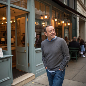 Kevin Spacey in a candid shot. Wearing a grey sweater and jeans. Outside a cozy coffee shop.