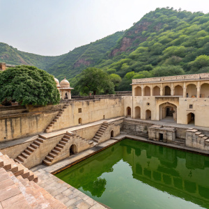 Stepwell Panna Meena Ka Kund, a serene oasis with greenish waters. Surrounded by light-colored stone walls, traditional Indian architecture buildings, and lush hills in the backdrop.