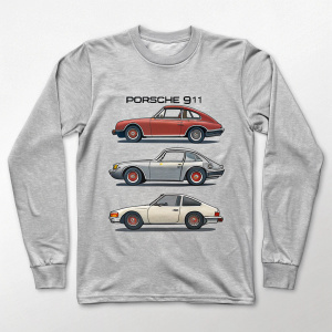 A digital art piece featuring a classic Porsche 911 design evolution on a long-sleeved grey t-shirt. The shirt showcases various iconic models in a stylized manner.