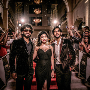 Satya Bhabha, Shriya Saran, and Siddharth attending a glitzy awards show. Crowd cheering in background.