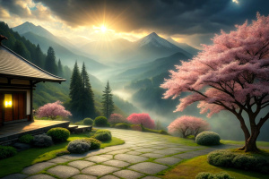 mystic backyard of a in daylight with a cherry tree with blossoms and breathtaking landscape