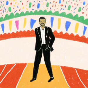 Virat Kohli in a black suit, at a cricket awards ceremony. Vibrant background filled with team logos and banners
