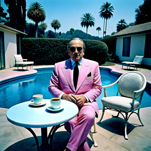 don carleone in sunglasses and a pink suit sits in the backyard at a round table and drinks tea 