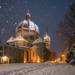 Aachen Cathedral, illuminated at night during a snowfall. Snow-covered grounds surround the towering structure with its prominent dome.