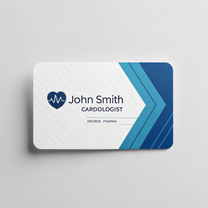 Business card for Dr. John Smith, Cardiologist. Modern design with clean layout. Colors: white and blue. Brand Name: AFORON PHARMA. Heartbeat symbol. John Smith's name and contact info prominently displayed.