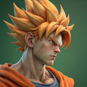 Digital illustration of a 3D model with a fierce look, inspired by Goku. Close-up view, detailed and textured rendering. Spiky orange hair, natural skin tone, green solid background