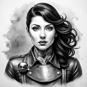 motorcycle bikerlady tattoo design - perfect realistic art - high-definition - grey and black - white background 