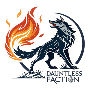 The official logo for the Dauntless faction. A fierce wolf with a burning tail. Against a white background.