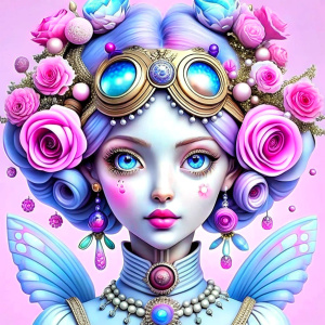 Une teenage princesse fée steampunk orbitaire cuivrée avec des roses blanches irisées tissées sur ses bras et une couronne de pivoines blanches sur sa tête ; lèvres humides entrouvertes baveuses laissant apparaitre un bout de langue à la commissure; strabisme oculaire extrêmement prononcé ; lunettes aux formes très travaillées aux verres très épais ; fond fractal quantique multicolore ; crayon; hyper détaillé ; coloré.