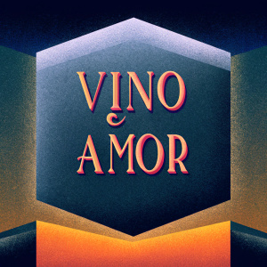 Vino el Amor's logo displayed on a moody black background. The text, in a stylish cursive font, combines deep purple and bright pink colors, creating a striking contrast.