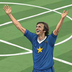 Digital rendering of Johan Cruyff. Soccer field background, he's wearing a blue jersey with a yellow star. Celebratory pose with arms raised.