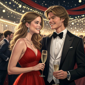 Barbara Palvin and Jordan Barrett at a glamorous gala. Champagne flutes in hand, amidst twinkling lights and bustling crowd