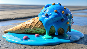 "Image prompt: A grotesque, malformed ice cream cone sits melting on the pavement, its lopsided scoops and mismatched toppings a testament to culinary catastrophe. A nauseating sight that evokes revulsion rather than delight, it serves as a chilling reminder of failed attempts at culinary whimsy."