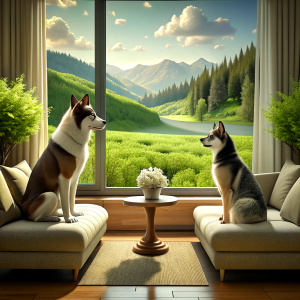 A scottish cat and siberian husky dog ​​are on the sofa of the house, watching the spring view 3d