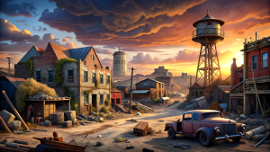 generates an animated and hyper-realistic image of a US town in ruins due to the great depression